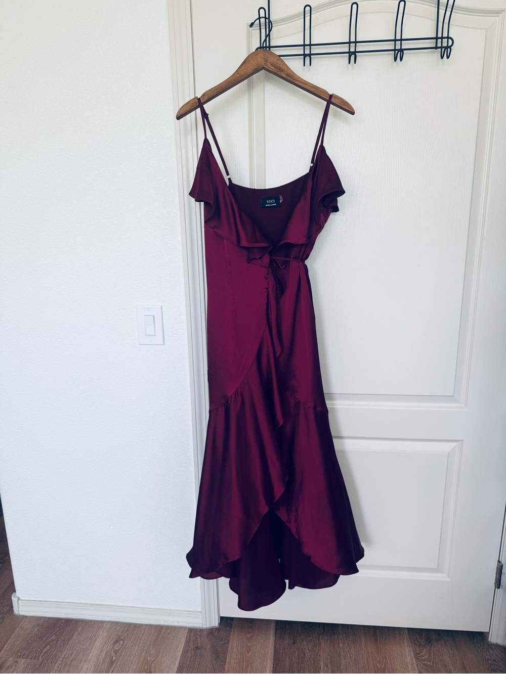 Vici Burgundy Ruffle High-Low Wrap Dress